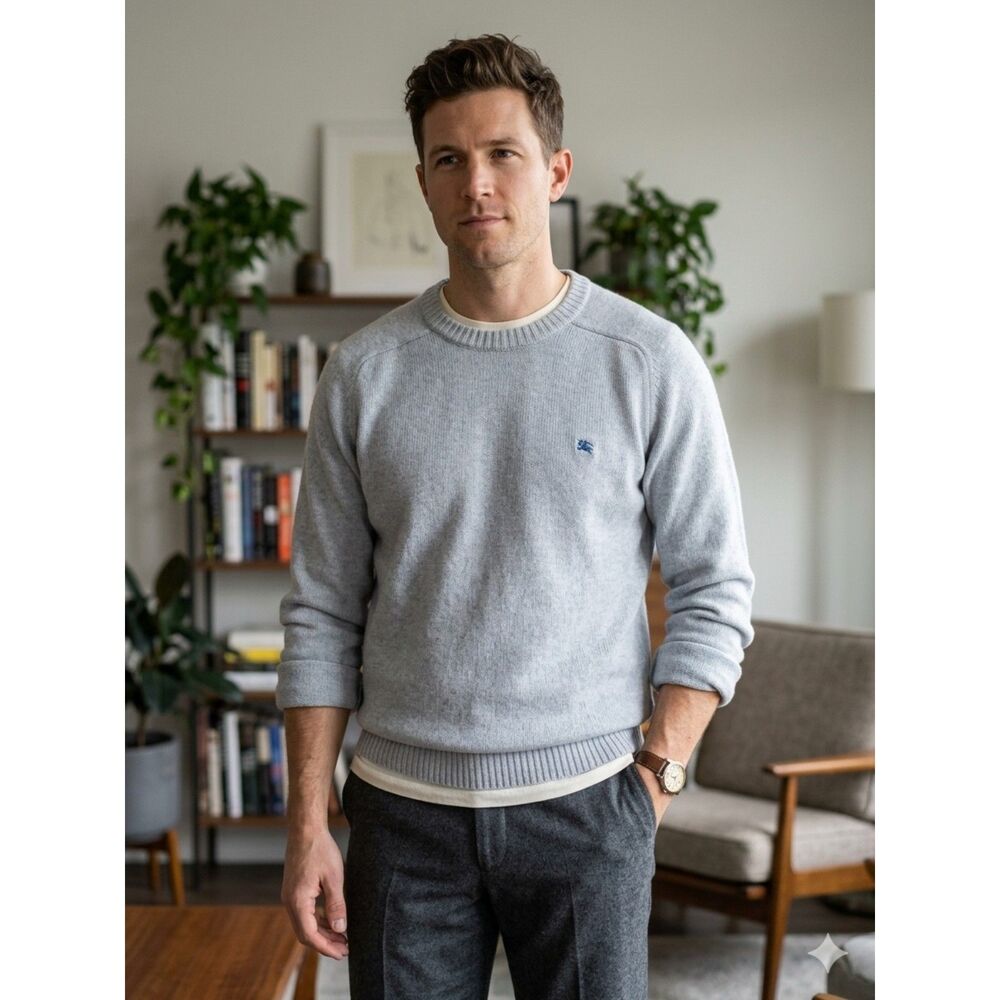 Vintage Burberry London Crewneck Knit Sweater Dusty Blue Embroidered Logo Medium